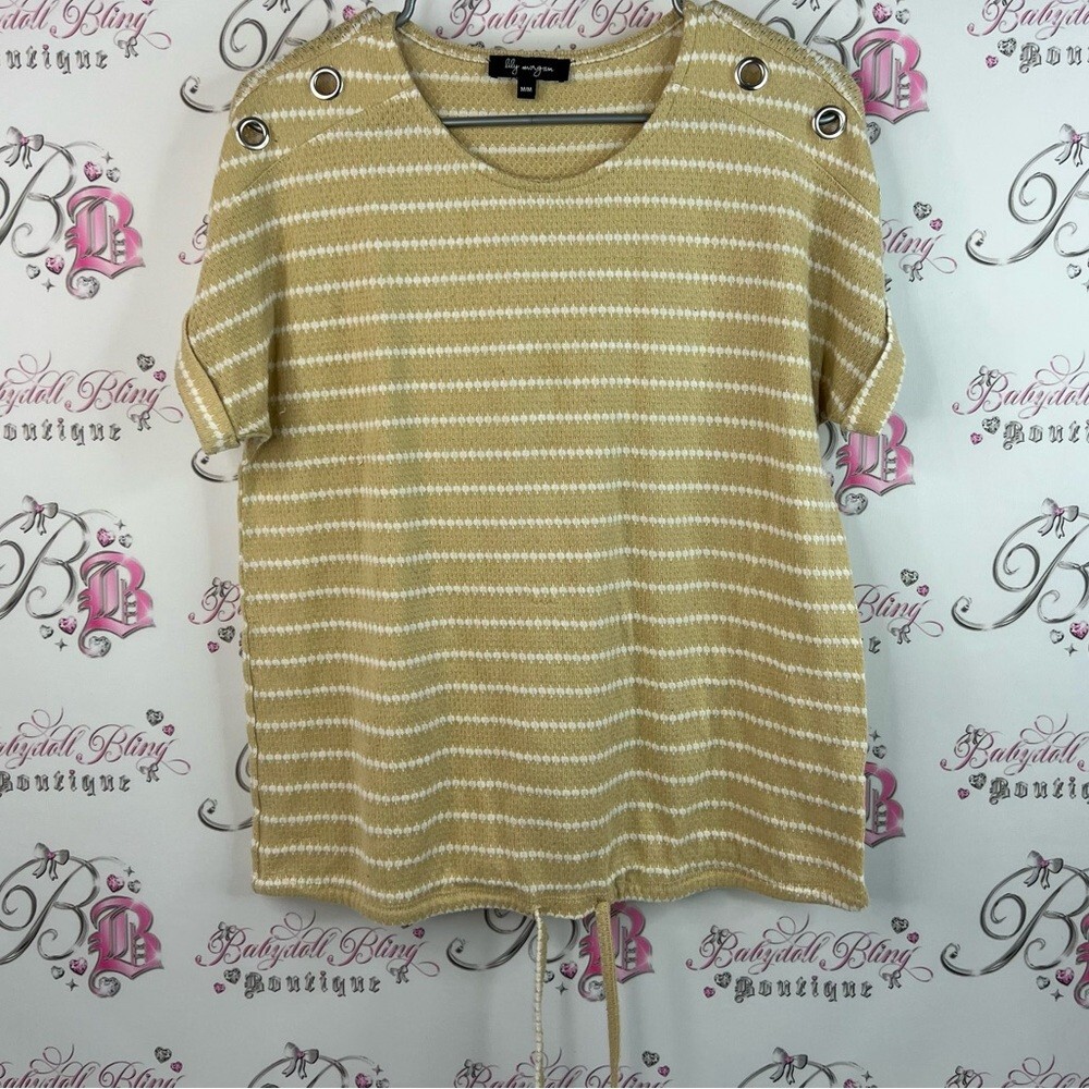 Lily Morgan tshirt tee metal O ring Casual Striped Beige Top with Grommet Detail